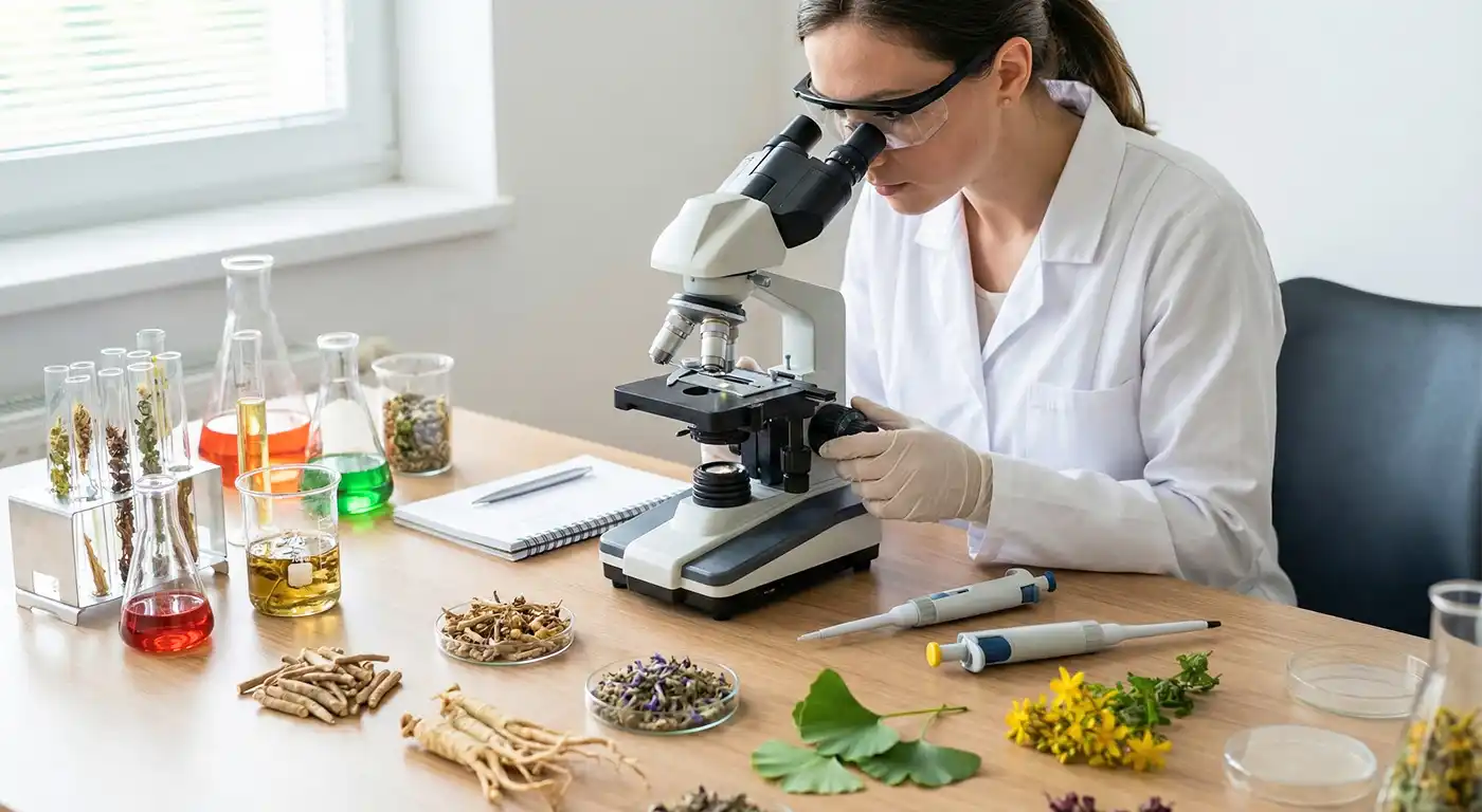 Laboratorní pracovnice zkoumající bylinné extrakty pod mikroskopem – Ashwagandha, Sibiřský ženšen, Šišák bajkalský, Ginkgo biloba a Třezalka tečkovaná jako součást vědecky vyvážené směsi doplňku Roveja Úleva od Stresu